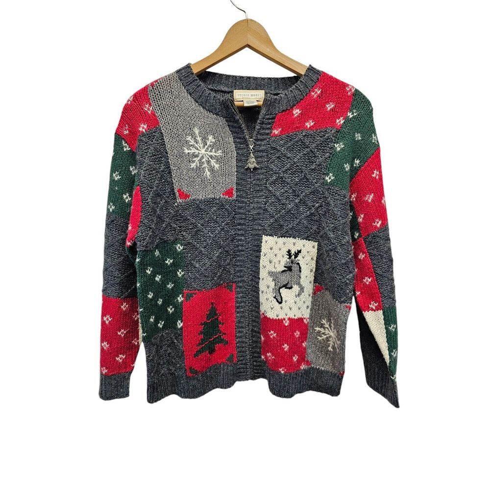 Studio Works Xmas Ugly Sweater Full Zip Wool Mohair Acrylic Snowflakes Pine Tree